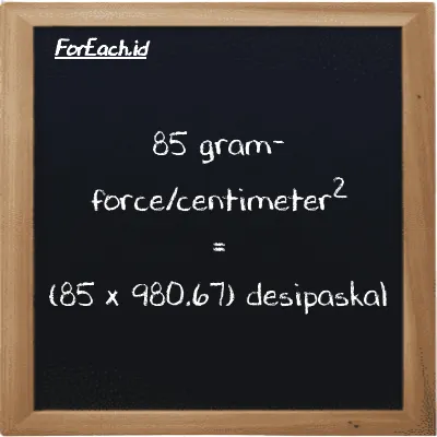 How to convert gram-force/centimeter<sup>2</sup> to decipascal: 85 gram-force/centimeter<sup>2</sup> (gf/cm<sup>2</sup>) is equivalent to 85 times 980.67 decipascal (dPa)